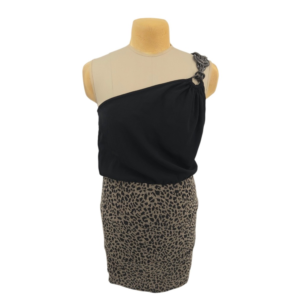 Belinda One Shoulder Leopard Animal Print Mini Dress Black‎ Tan L Cocktail Party